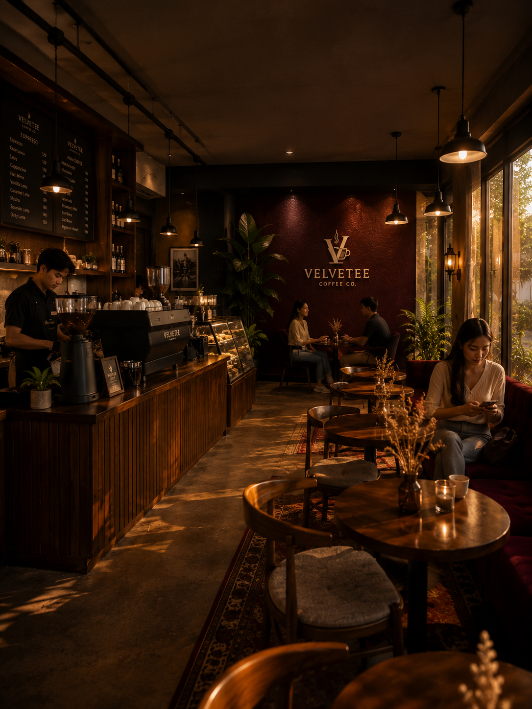 Warm interior of Velvetee Coffee Co.